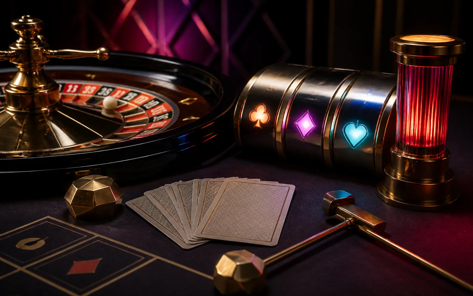 Composición editorial con ruleta, cartas y objetos de juego