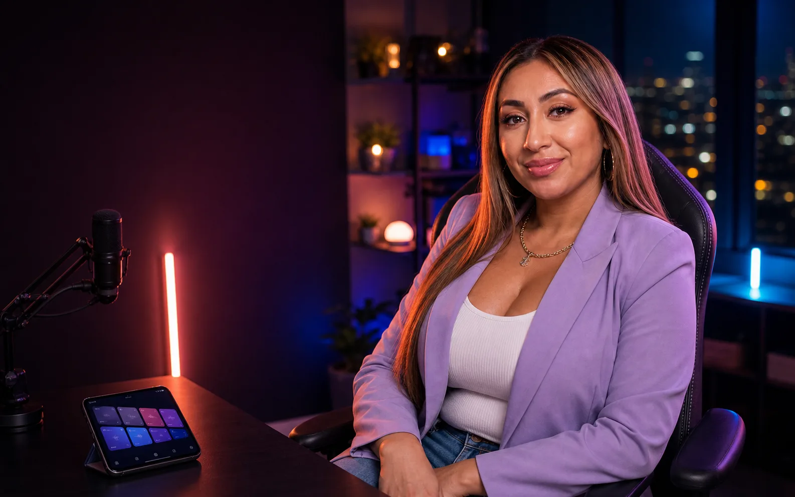 Naya Fácil en un estudio de streaming con un teléfono
